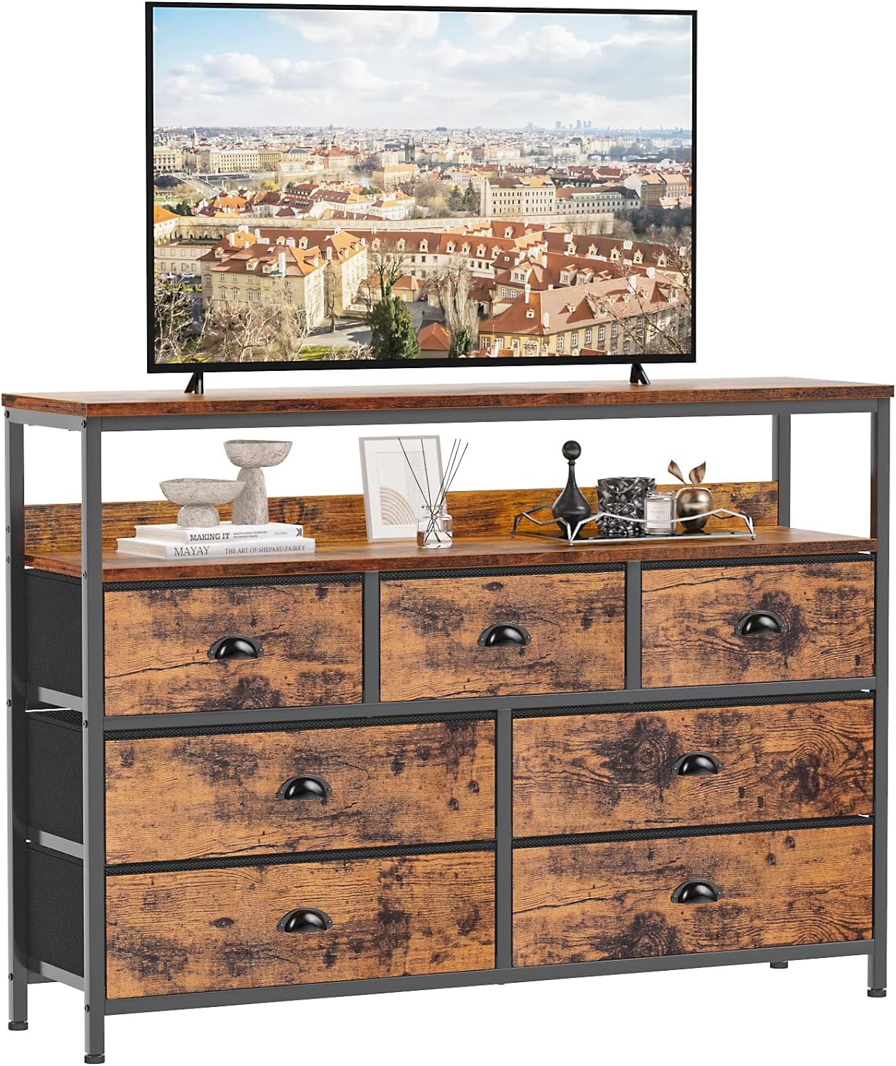 Furologee TV Console Table, TV Stand with 7 Storage Drawer, Sofa Table with 2-Tier Shelves, Entertainment Center for 45 TV, Storage Fabric Drawer Unit for Bedroom, Living Room, Entryway, Rustic Brown