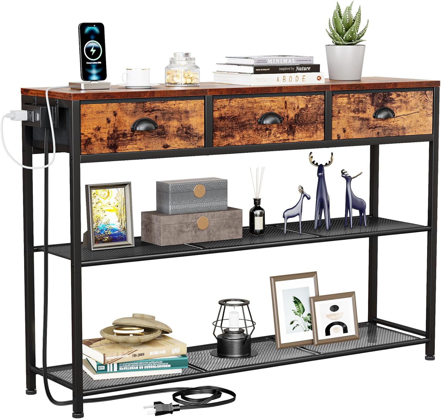 Furologee Console Table with Charging Station & 3 Fabric Drawers, 38'' Entryway Table with Storage Shelves, Industrial Foyer Table for Entry Way, Display Shelf for Hallway, Rustic Brown