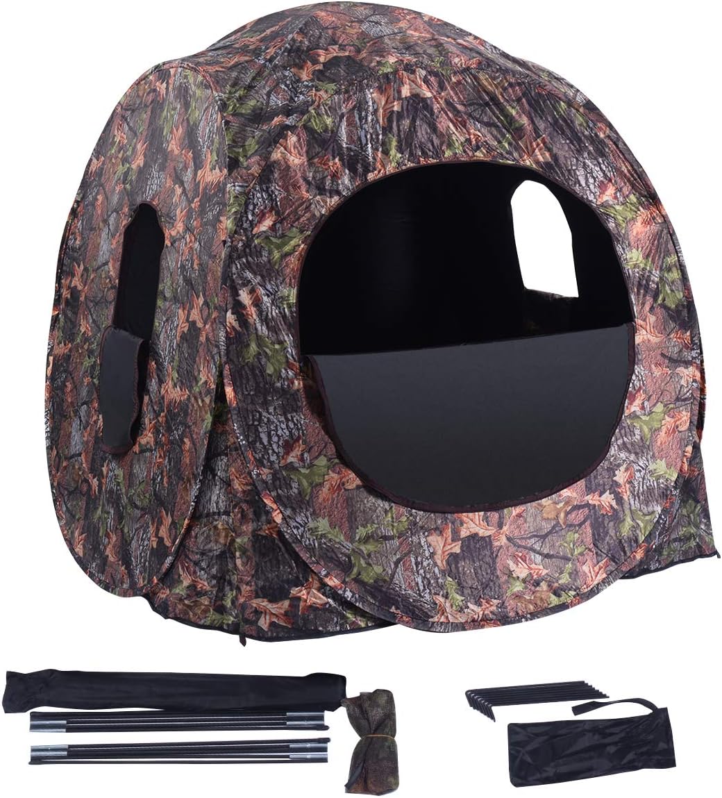 GYMAX Hunting Blind, 3 Persons Pop Up Ground Blind with Hub System, Carry Bag for Deer & Turkey, Camo Hunting Tent with 360 Degree View See Through Portable Durable Deer Blind