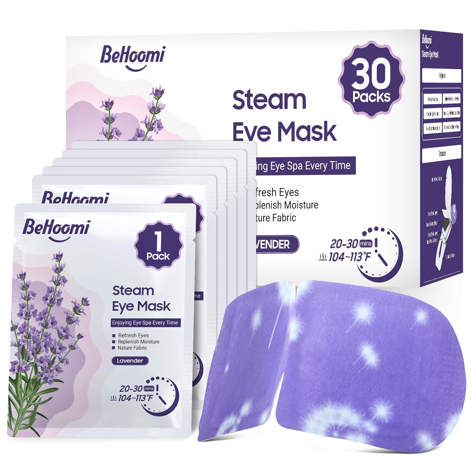 Steam Eye Mask, Heated Eye Mask Warm Compress for Eyes, Disposable Self Heating Moist Heat Eye Masks, Sleep Mask for for Home Office Travel, Stocking Stuffers (Lavender, 30 Packs)