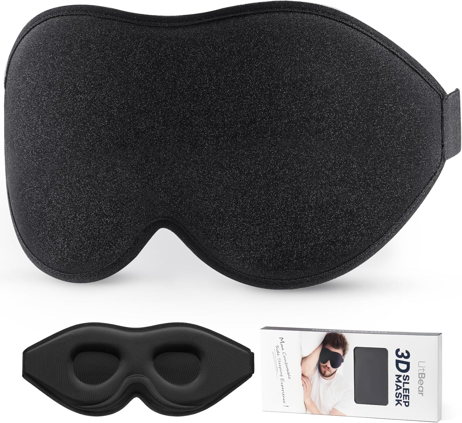 LitBear Sleep Mask for Side Sleeper Women Men, Eye Mask for Sleeping Light Blocking, 3D Contoured Cup Sleeping Mask, Soft Breathable Sleep Eye Mask with Adjustable Elastic Strap for Flight Nap