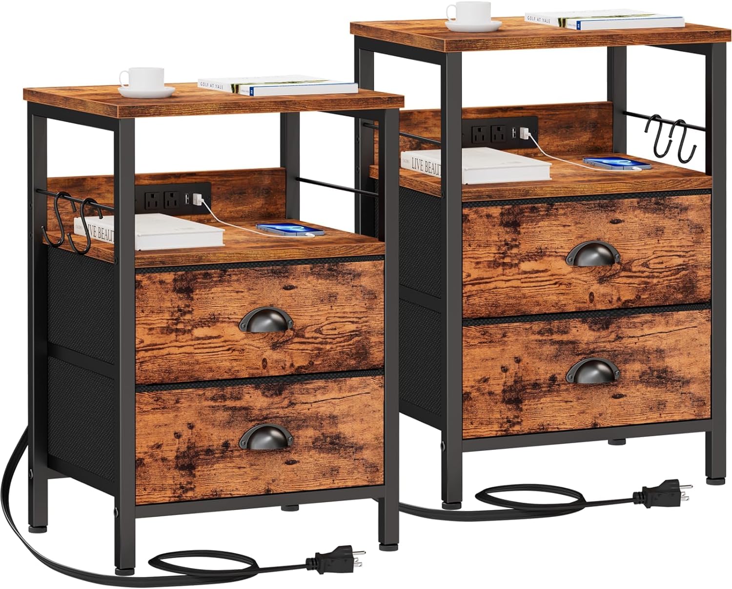 Furologee Nightstand Set of 2, Rustic Brown, with Charging Station and USB Ports, Side Tables with 2 Fabric Drawers, Bedside Tables with Storage Shelf & Hooks, for Living Room/Bedroom