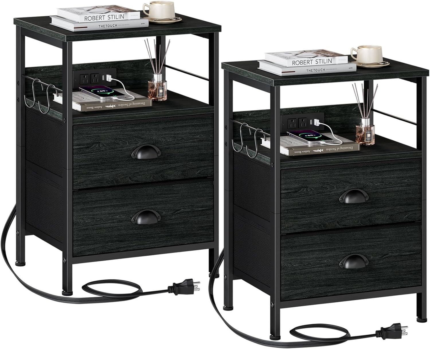 Furologee Nightstand Set of 2, Black Oak, with Charging Station and USB Ports, Side Tables with 2 Fabric Drawers, Bedside Tables with Storage Shelf & Hooks, for Living Room/Bedroom