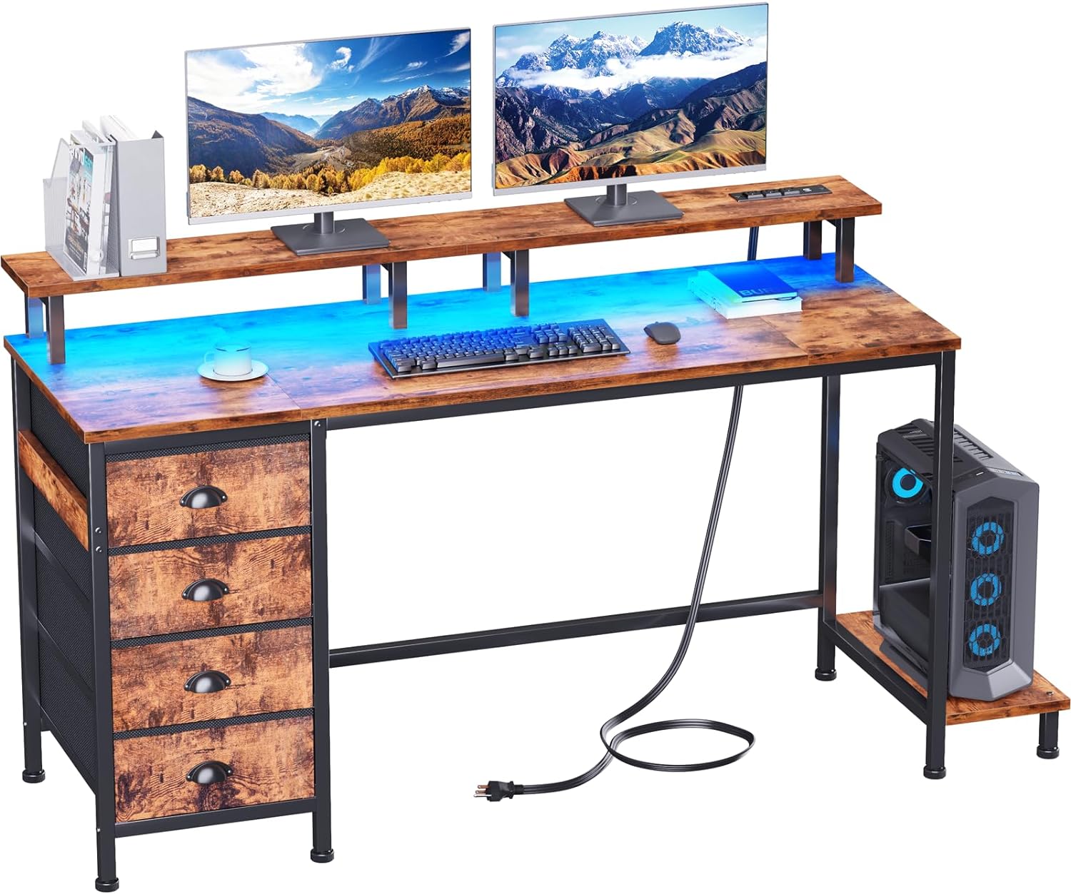 Furologee 55in Computer Desk with 4 Drawers, LED Gaming Desk with Power Outlets, Office Desk with Full Monitor Stand and Storage Shelf, Study Work Desk for Home Office Bedroom, Rustic Brown