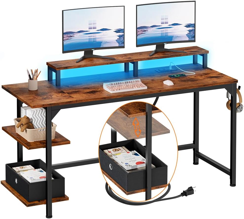 Furologee Computer Desk with Charging Station and LED Lights, 55 Office Gaming Desk with Adjustable Shelves and Fabric Drawer, Study Table with Monitor Stand and Hooks, Rustic Brown