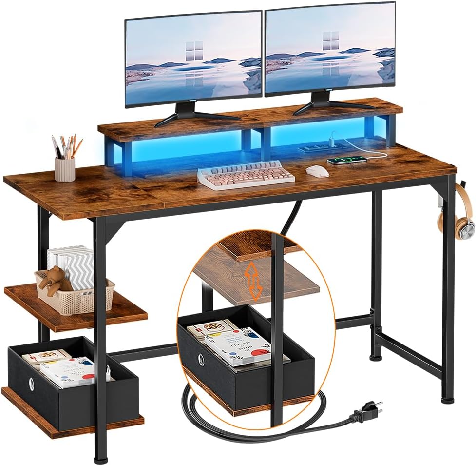 Furologee Desk with Power Outlets and LED Lights, 47 Computer Office Desk with Shelves and Fabric Drawer, Reversible Gaming Study Table with Monitor Stand and Hooks, Rustic Brown