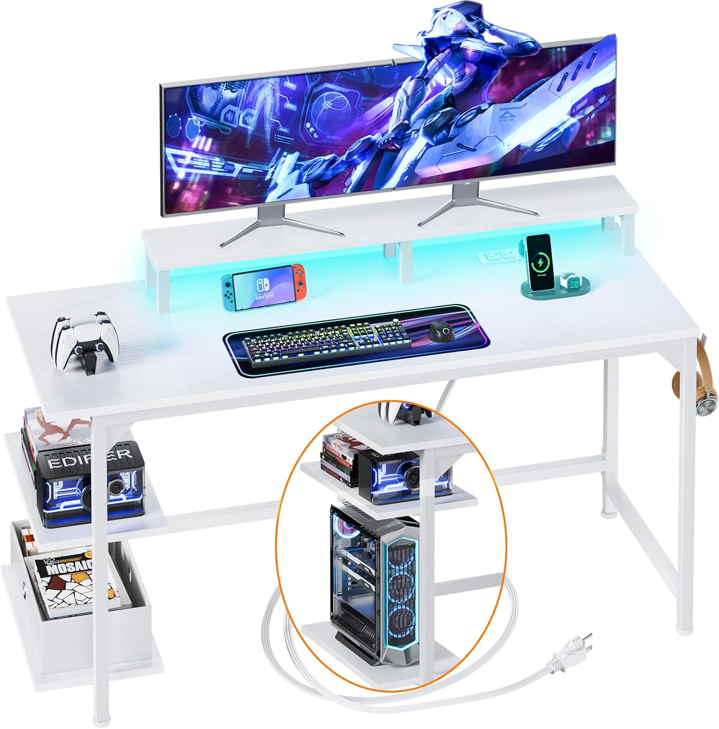 Furologee White Desk with Power Outlets and LED Lights, 47 Office Gaming Desk with Shelves and Fabric Drawer, Reversible Study Table with Monitor Stand and Hooks