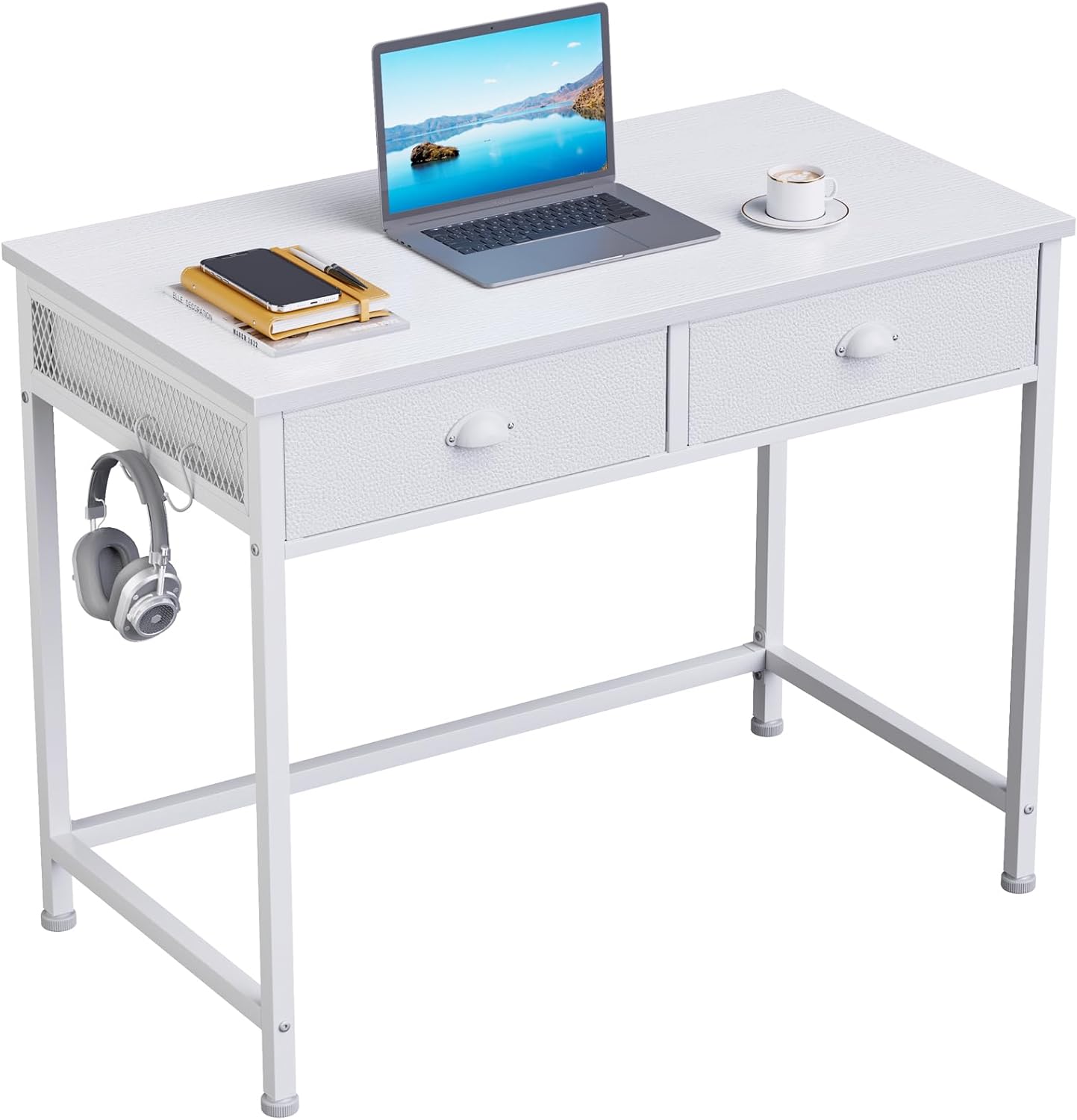 Furologee White Small Computer Desk with 2 Fabric Drawers, Simple Home Office Writing Desk, Vanity Desk with Hooks, Study Desk for Bedroom Small Spaces