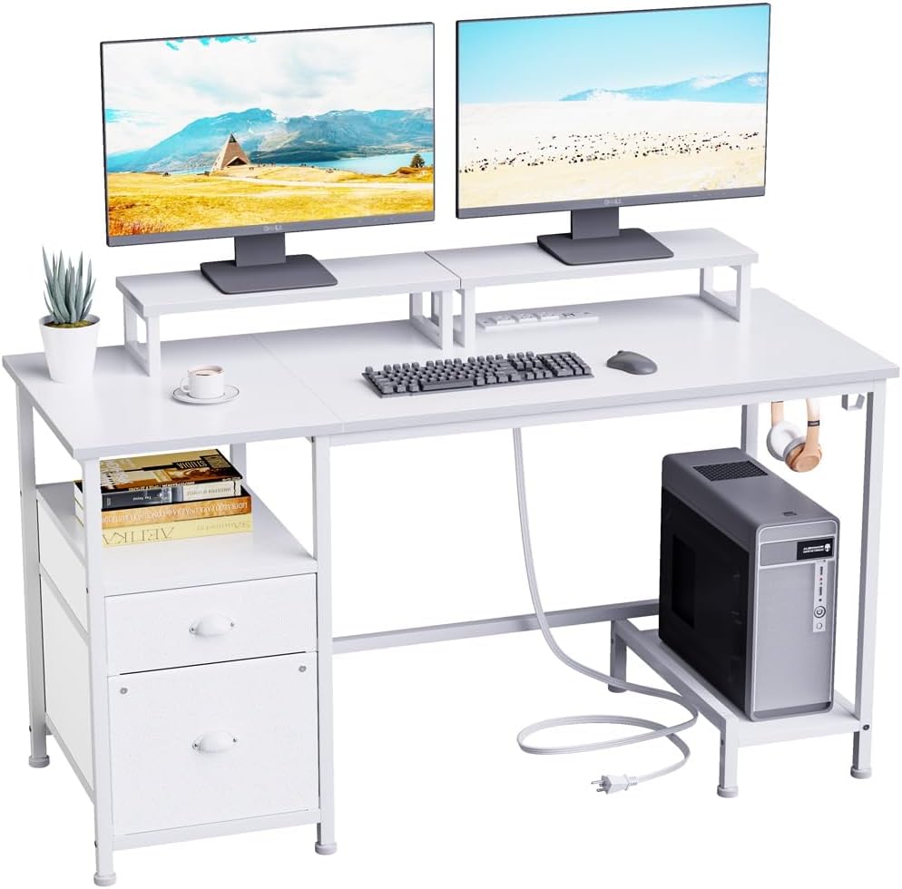 Furologee White Computer Desk with Drawer and Power Outlets, 47 Office Desk with 2 Monitor Stands and Fabric File Cabinet, Writing Gaming Table with Shelves and 2 Hooks for Home Office