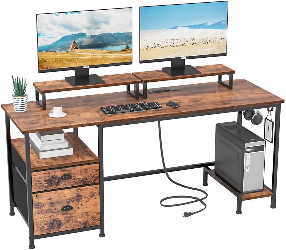 Furologee Desk with Drawer and Power Outlets, 55 Large Compter Desk with Fabric File Cabinet and 2 Movable Monitor Shelf, Writing Gaming Table with CPU Stand and 2 Hooks for Home Office, Rustic Brown