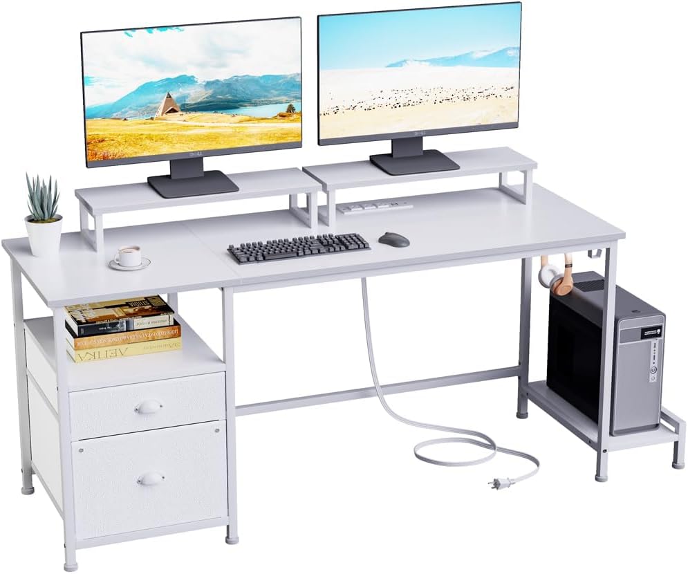 Furologee White Computer Desk with Drawer and Power Outlets, 55 Large Gaming Desk with Fabric File Cabinet and 2 Movable Monitor Shelves, Writing Table with CPU Stand and 2 Hooks for Home Office