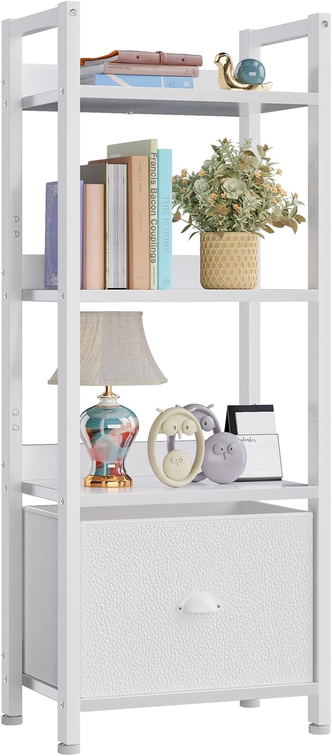 Furologee White 4 Tier Bookshelf with Drawer, Small Narrow Bookcase with Shelves, Modern Free Standing Shelf Unit, Wood and Metal Display Storage Shelves Organizer for Bedroom, Living Room, Entryway