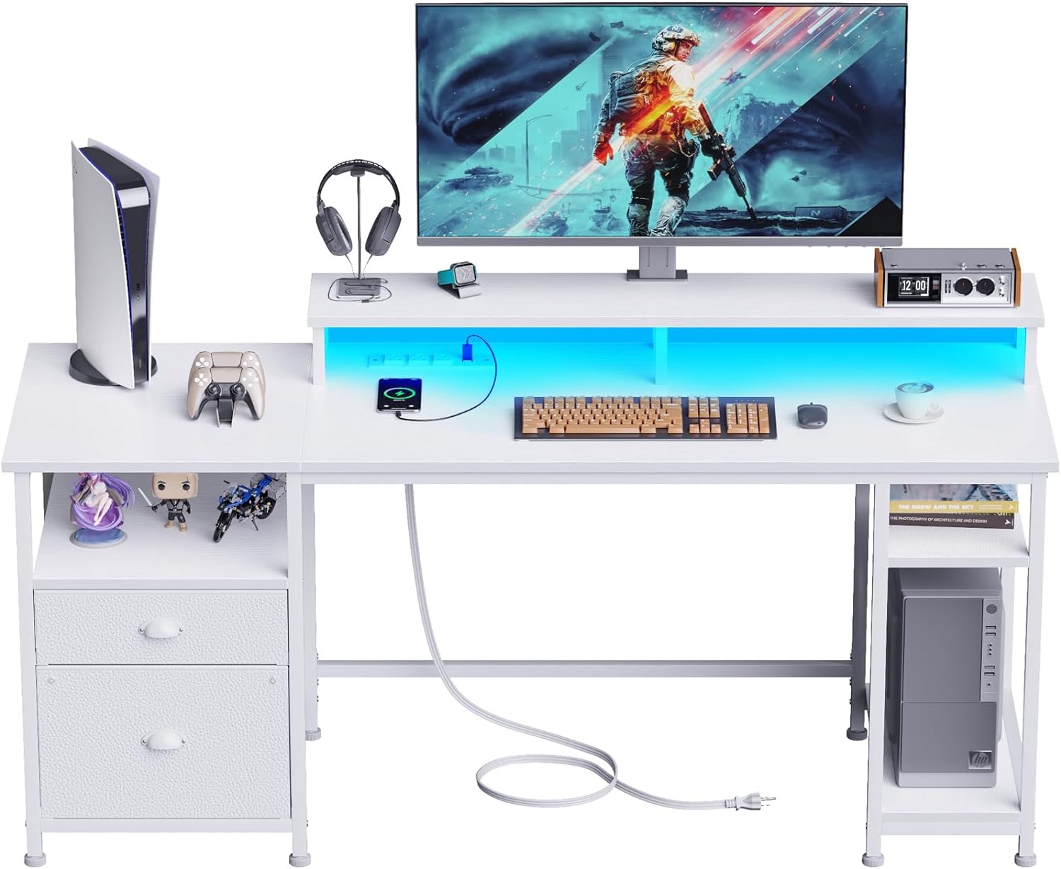 Furologee 61 Desk with LED Light & Power Outlets, Reversible Computer Desk with File Cabinet & Drawer, White Gaming Desk Writing Table with Dual Monitor Stand, for Home/Office/White