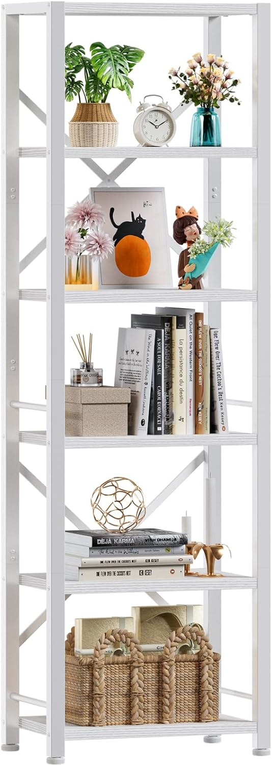 Furologee White Tall Bookshelf, Narrow Bookcase with 6 Shelves, Modern Freestanding Shelf Units, Metal and Wood Display Storage Corner Rack Organizer for Living Room, Home Office, Hallway, Bathroom