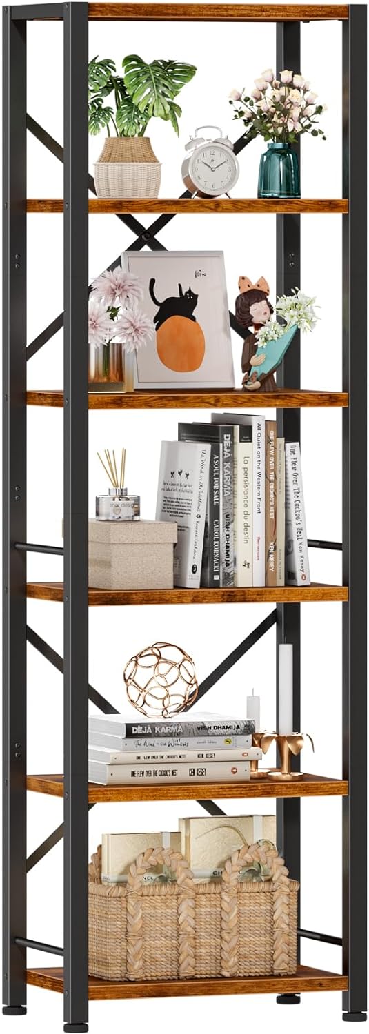 Furologee 6 Tier Tall Bookshelf, Industrial Narrow Bookcase, Display Standing Shelf Units, Metal and Wood Storage Rack Organizer for Living Room, Home Office, Entryway, Kitchen, Rustic Brown