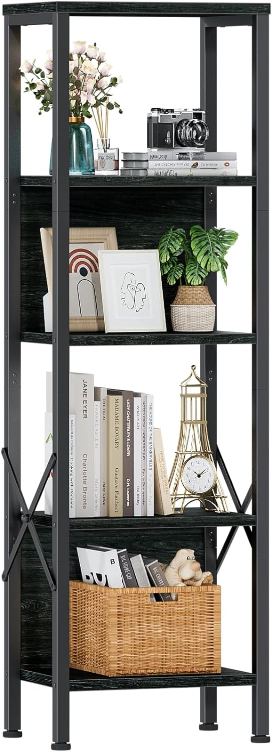 Furologee 5 Tier Tall Bookshelf with Back, Industrial Narrow Bookcase, Display Standing Shelf Units, Metal and Wood Storage Corner Shelves Organizer for Bedroom, Living Room, Entryway, Kitchen, Black