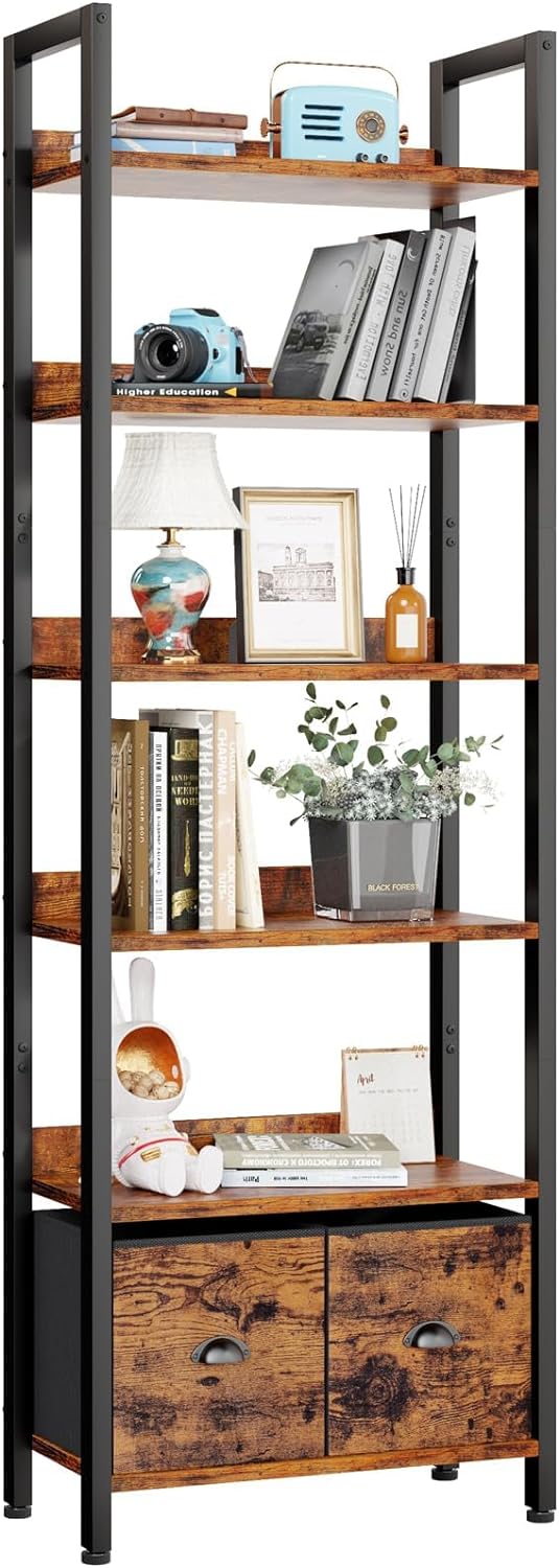 Furologee 6-Tier Bookshelf, Tall 71 Rustic Bookcase with 2 Drawers Storage Organizer, Industrial Display Free Standing Shelf Units, Wood and Metal Storage Rack for Home Office, Bedroom, Rustic Brown