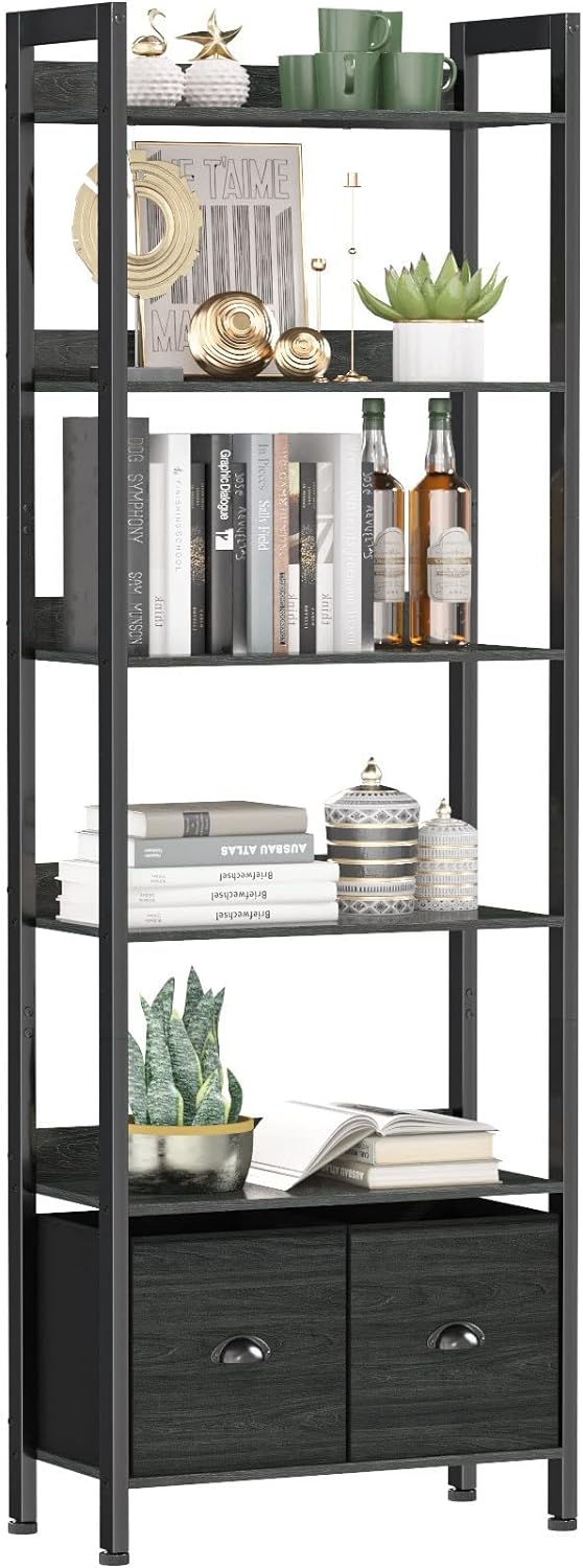 Furologee 6-Tier Bookshelf, Tall Bookcase with 2 Drawers Storage Organizer, Industrial Display Free Standing Shelf Units, Wood and Metal Storage Rack for Home Office, Bedroom, Black Oak