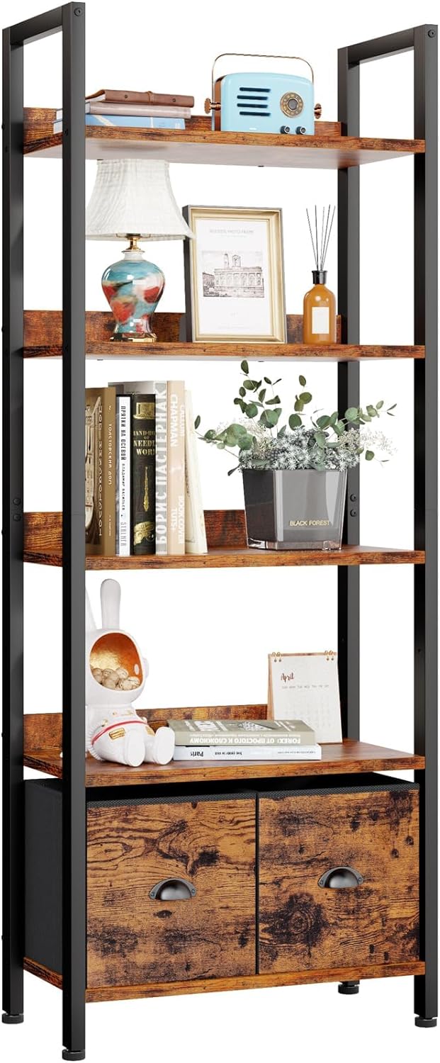 Furologee 5-Tier Bookshelf, Tall Bookcase with 2 Storage Drawers, Industrial Display Standing Shelf Units, Wood and Metal Storage Shelf for Living Room, Bedroom, Home Office, Rustic Brown