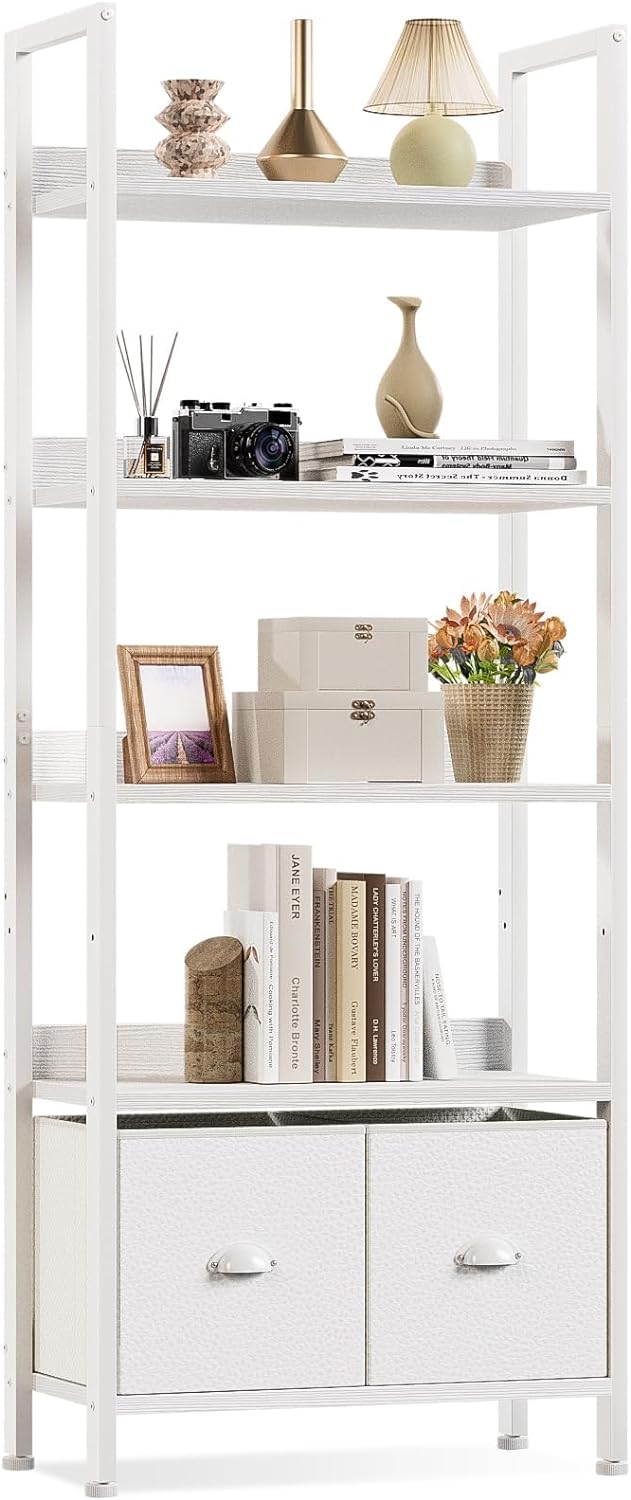 Furologee 5 Tier Bookshelf with Drawers, White Tall Bookcase with Shelves, Wood and Metal Book Shelf Storage Organizer, Modern Display Free Standing Shelf Unit for Bedroom, Living Room, Office