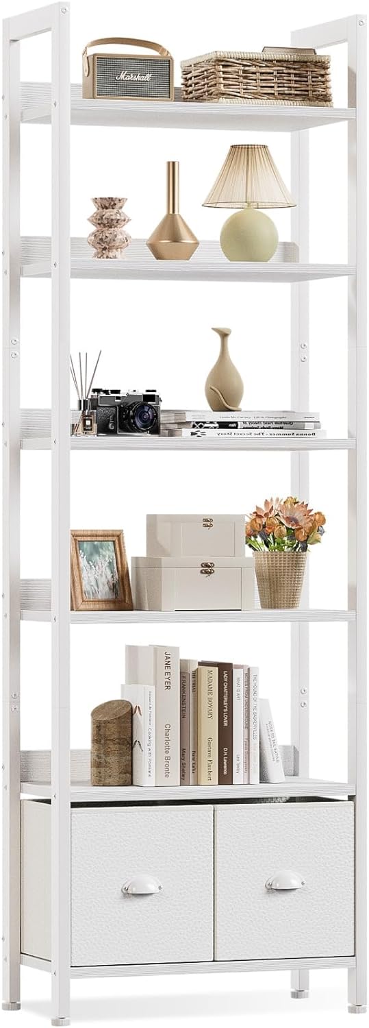 Furologee White 6 Tier Bookshelf with Drawers, Tall 71 Bookcase with Shelves, Modern Wood and Metal Book Shelf Storage Organizer, Display Free Standing Shelf Unit for Bedroom, Living Room, Office