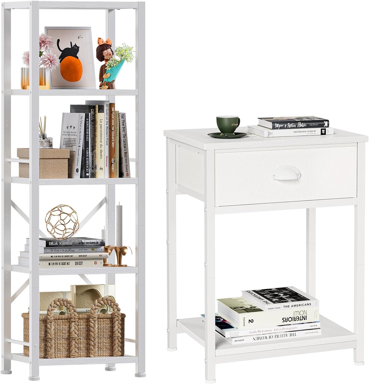 Furologee White Bookshelf and Nightstand Set, 5 Tier Tall Narrow Bookcase, Modern Standing Shelf Units, Small Side Table with Fabric Drawer