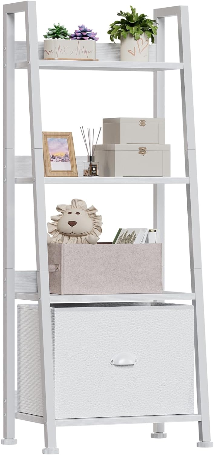 Furologee 4-Tier White Ladder Shelf, Ladder Bookshelf with Removable Drawer, Bookcase Storage Rack Organizer, Freestanding Storage Shelves for Living Room, Home Office, Bedroom