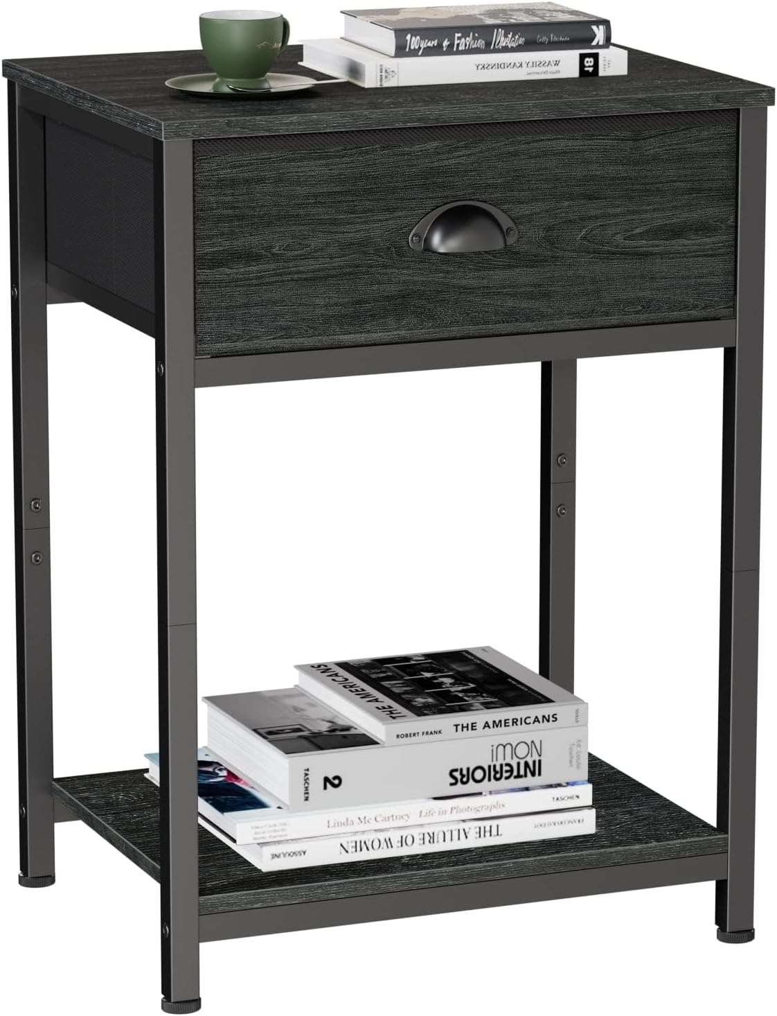 Furologee Nightstand with Fabric Drawer & Storage Shelf, Small Bedside Table Organizer for Small Space, 2 Tiers Industrial End Table, Side Table for Living Room, Bedroom, Black Oak