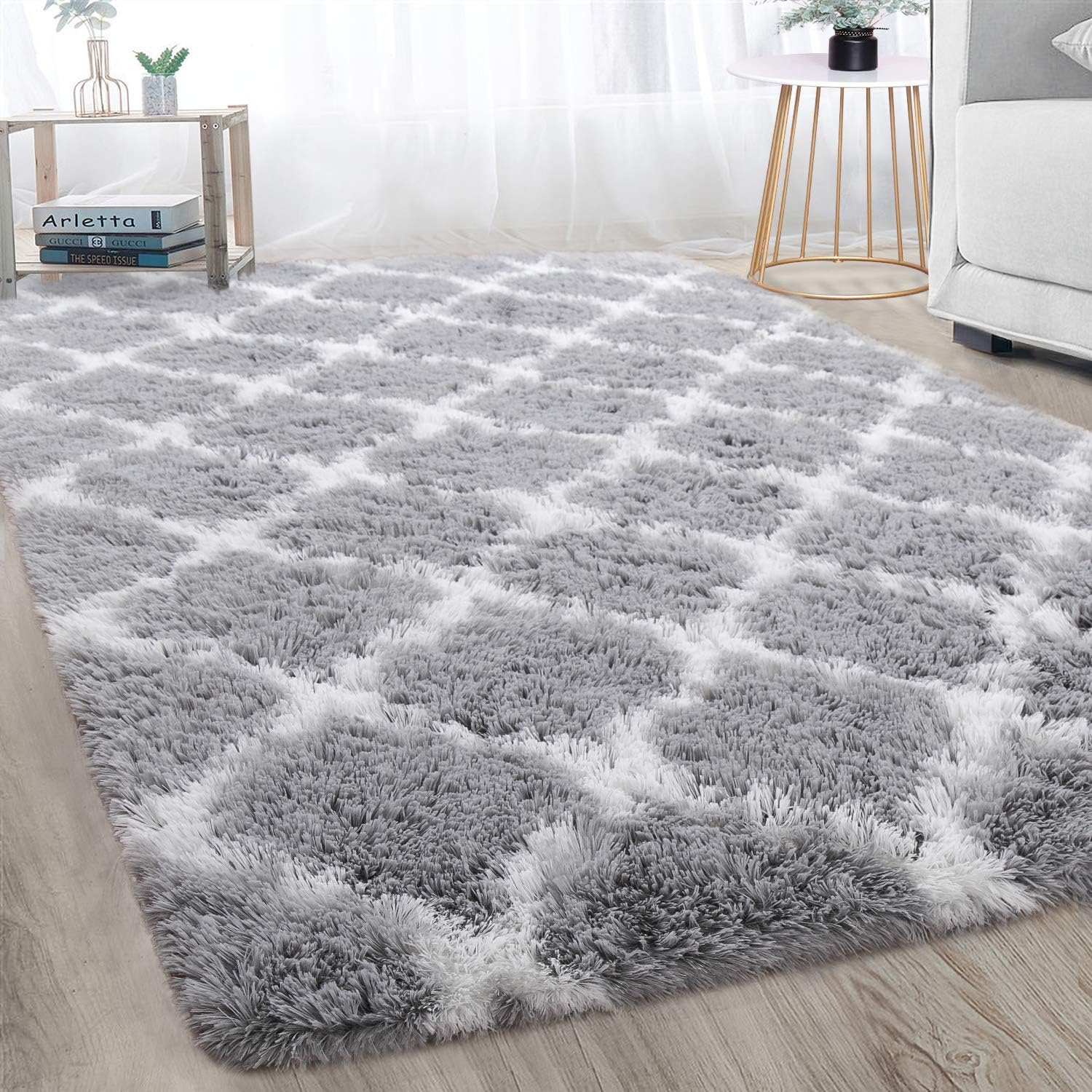 Merelax Fluffy Rug Modern Indoor Plush Bedroom Rug, Luxury Fuzzy Living Room Area Rug, Soft Geometric Moroccan Carpets for Boys Girls Kids Nursery Room 5x8, Grey