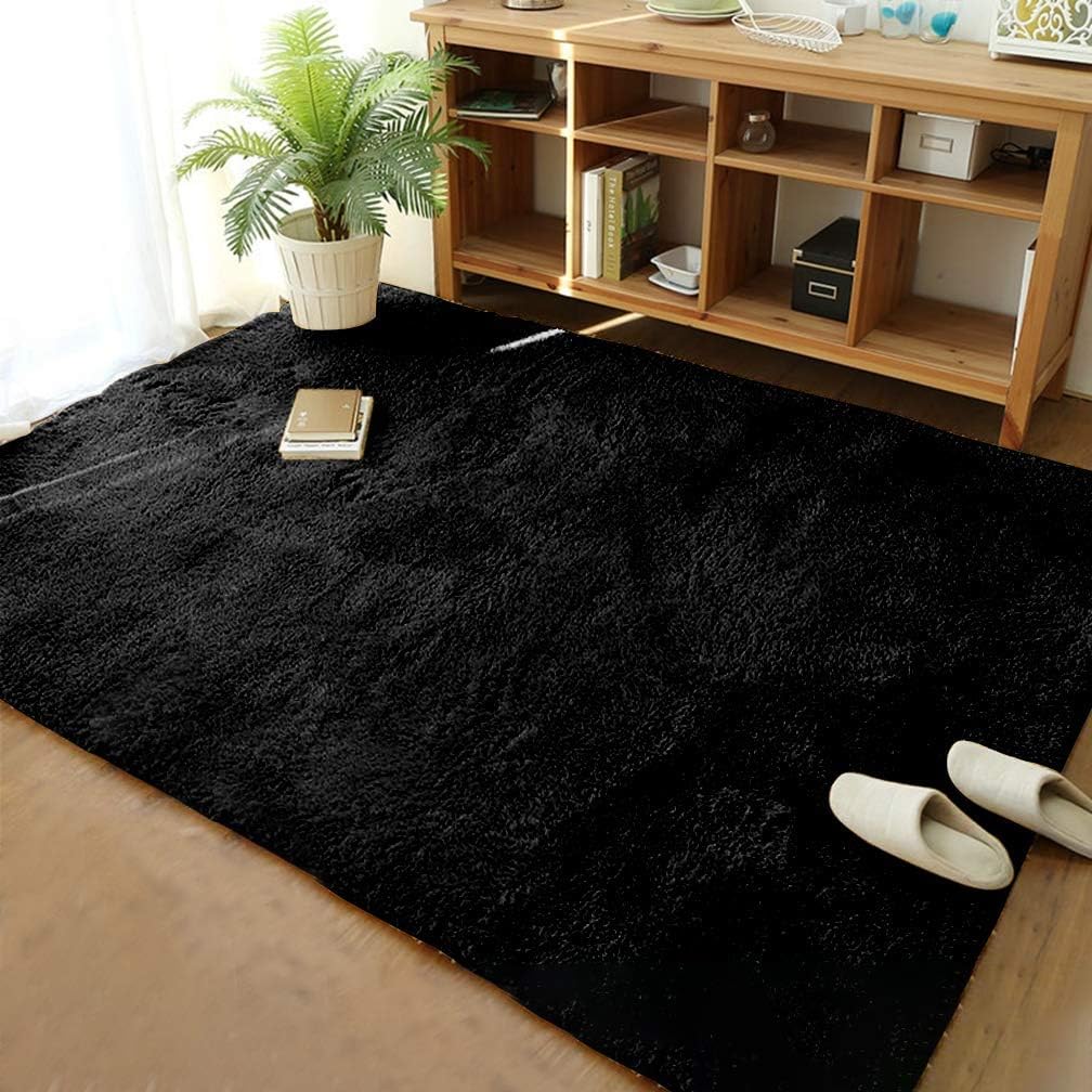 Merelax Soft Modern Indoor Large Shaggy Rug for Livingroom Bedroom Dorm Kids Room Home Decorative, Non-Slip Plush Fluffy Furry Fur Area Rugs Comfy Nursery Accent Floor Carpet 6x9 Feet, Black