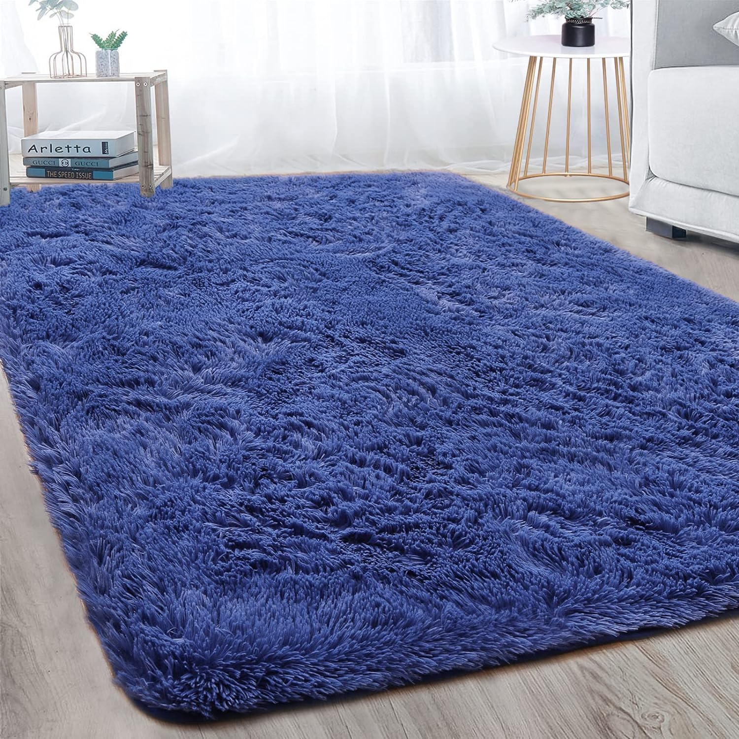 Merelax Soft Modern Indoor Large Shaggy Rug for Bedroom Livingroom Dorm Kids Room Home Decorative, Non-Slip Plush Fluffy Furry Fur Area Rugs Comfy Nursery Accent Floor Carpet 5x8 Feet, Light Navy