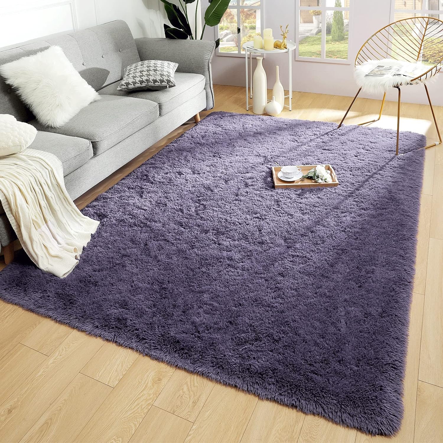 Merelax Soft Modern Indoor Large Shaggy Rug for Bedroom Livingroom Dorm Kids Room Home Decorative, Non-Slip Plush Fluffy Furry Fur Area Rugs Comfy Nursery Accent Floor Carpet 5x8 Feet, Grey-Purple