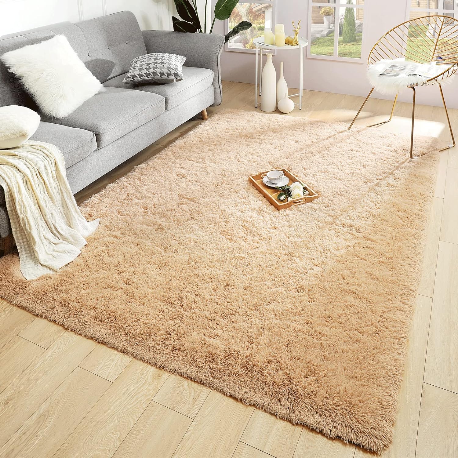 Merelax Soft Modern Indoor Large Shaggy Rug for Bedroom Livingroom Dorm Kids Room Home Decorative, Non-Slip Plush Fluffy Furry Fur Area Rugs Comfy Nursery Accent Floor Carpet 5x8 Feet, Light Tan