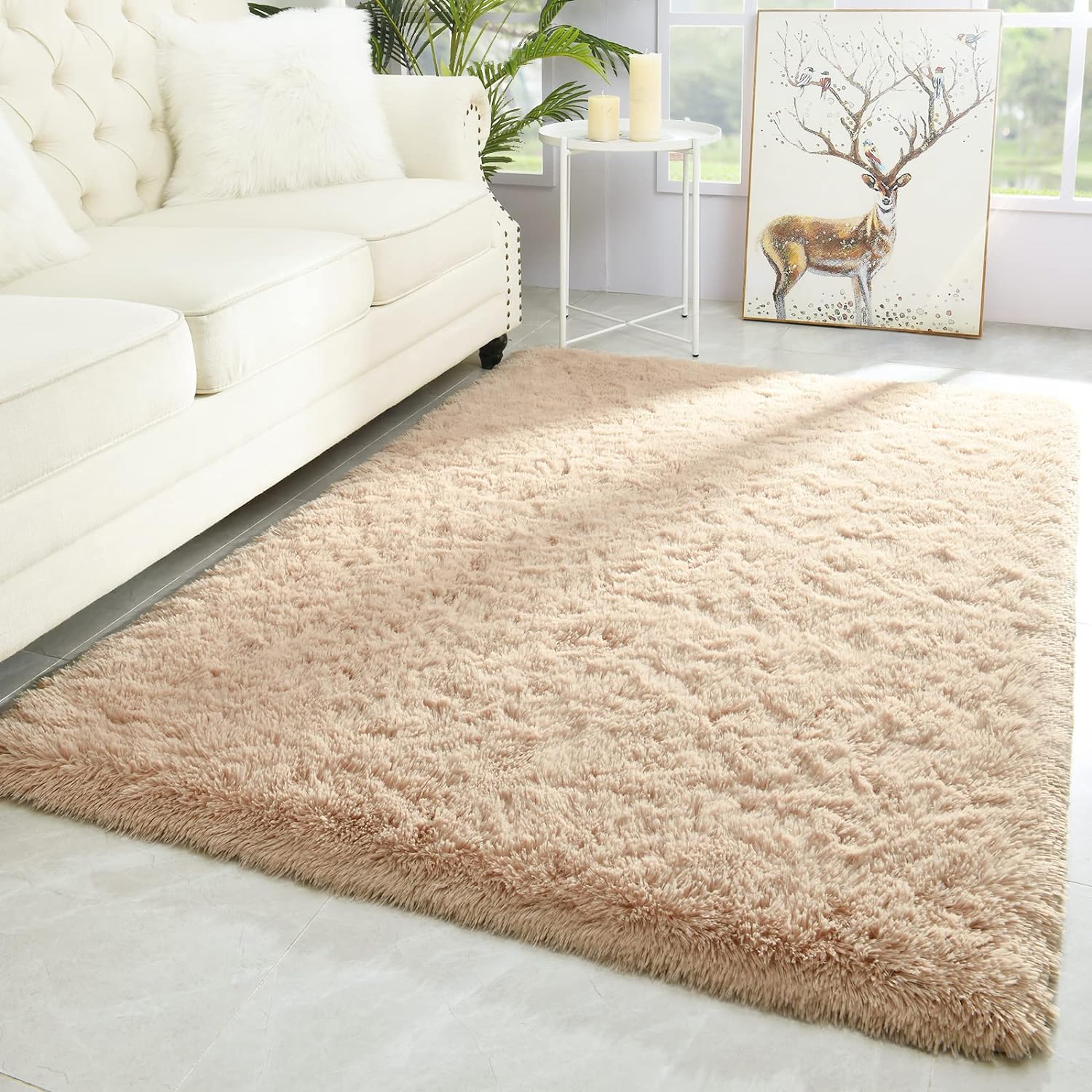 Merelax Modern Soft Fluffy Large Shaggy Rug for Bedroom Livingroom Dorm Kids Room Indoor Home Decorative, Non-Slip Plush Furry Fur Area Rugs Comfy Nursery Accent Floor Carpet 4'x6' Light Tan