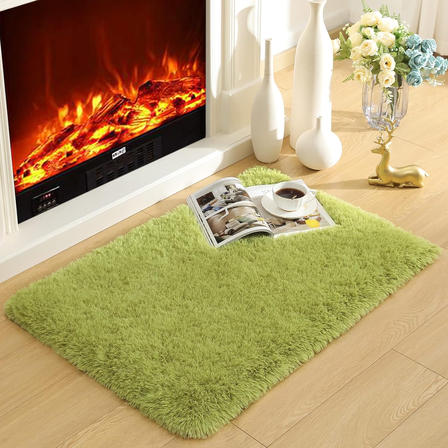 Merelax Modern Soft Fluffy Shaggy Rug for Bedroom Livingroom Small Chair Decor Rugs Feet Floor mats , Non-Slip Plush Furry Fur Area Rugs Comfy Nursery Accent Floor Carpet 2 X 3 Feet, Green