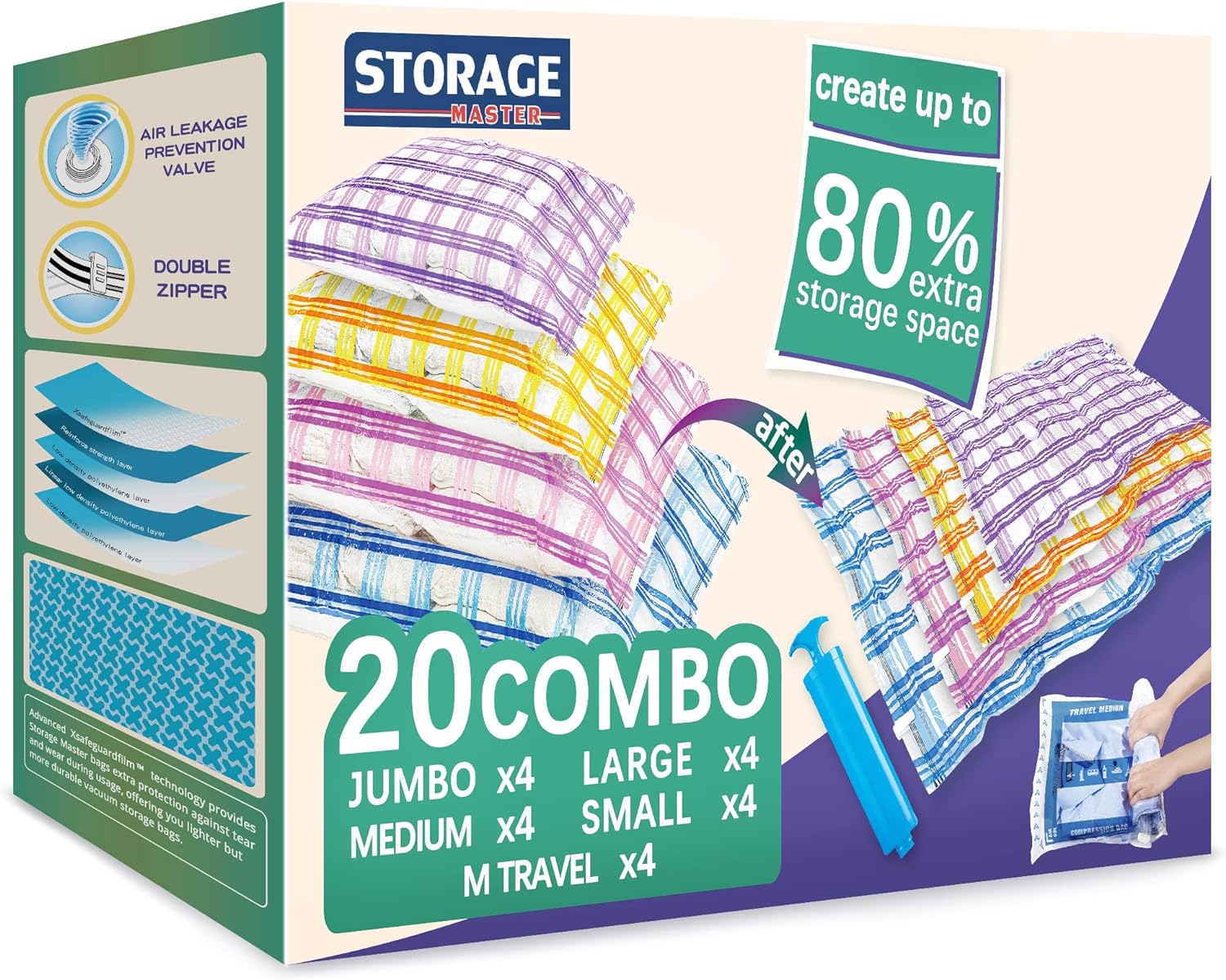 20 Pack Vacuum Storage Bags, Space Saver Bags Compression Storage Bags for Comforters and Blankets, Vacuum Sealer Bags for Clothes Storage (20C)