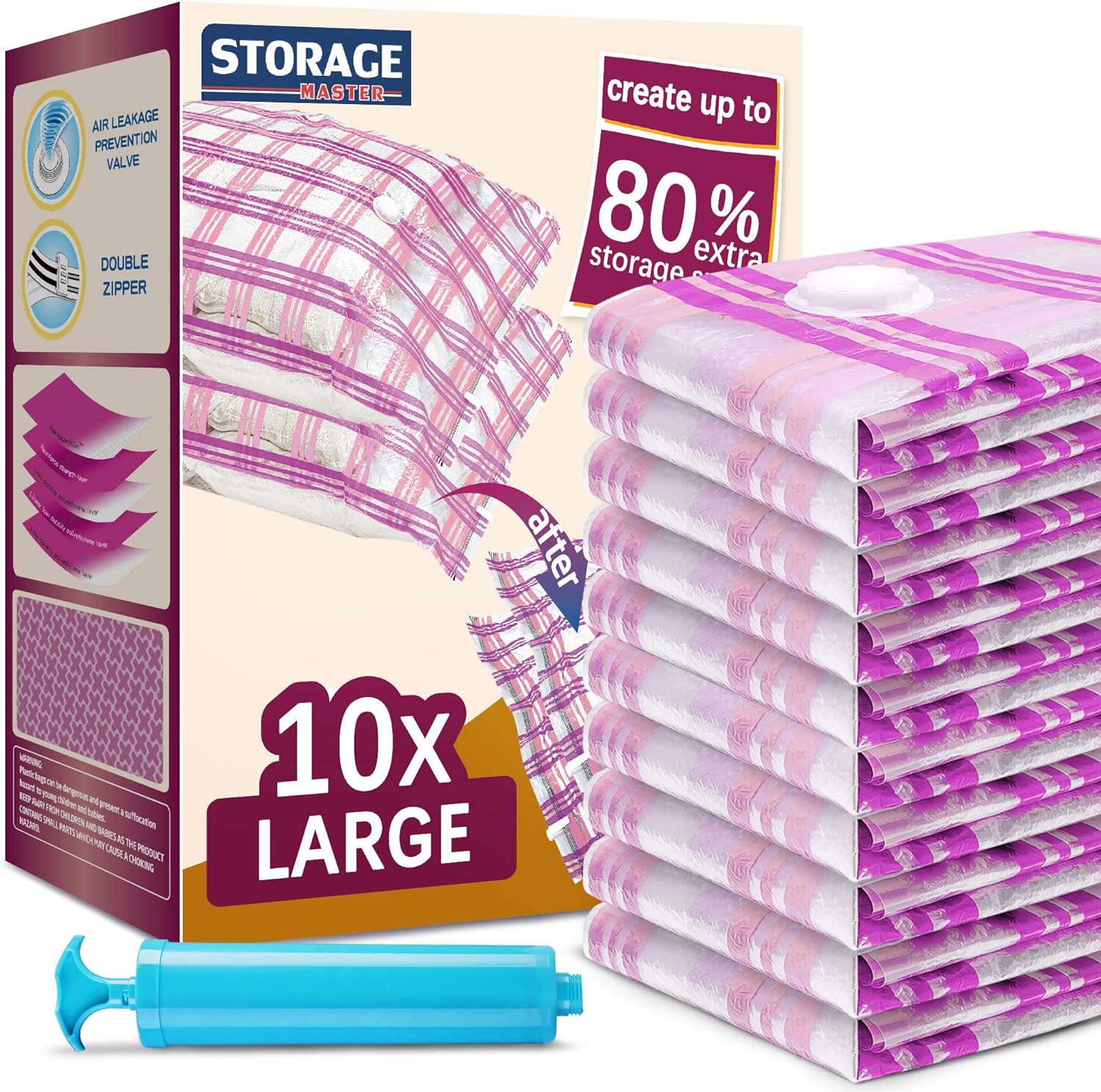 10 Large Vacuum Storage Bags - Space Saver Seal Bags for Clothes, Comforters, Blankets & Bedding (10L)
