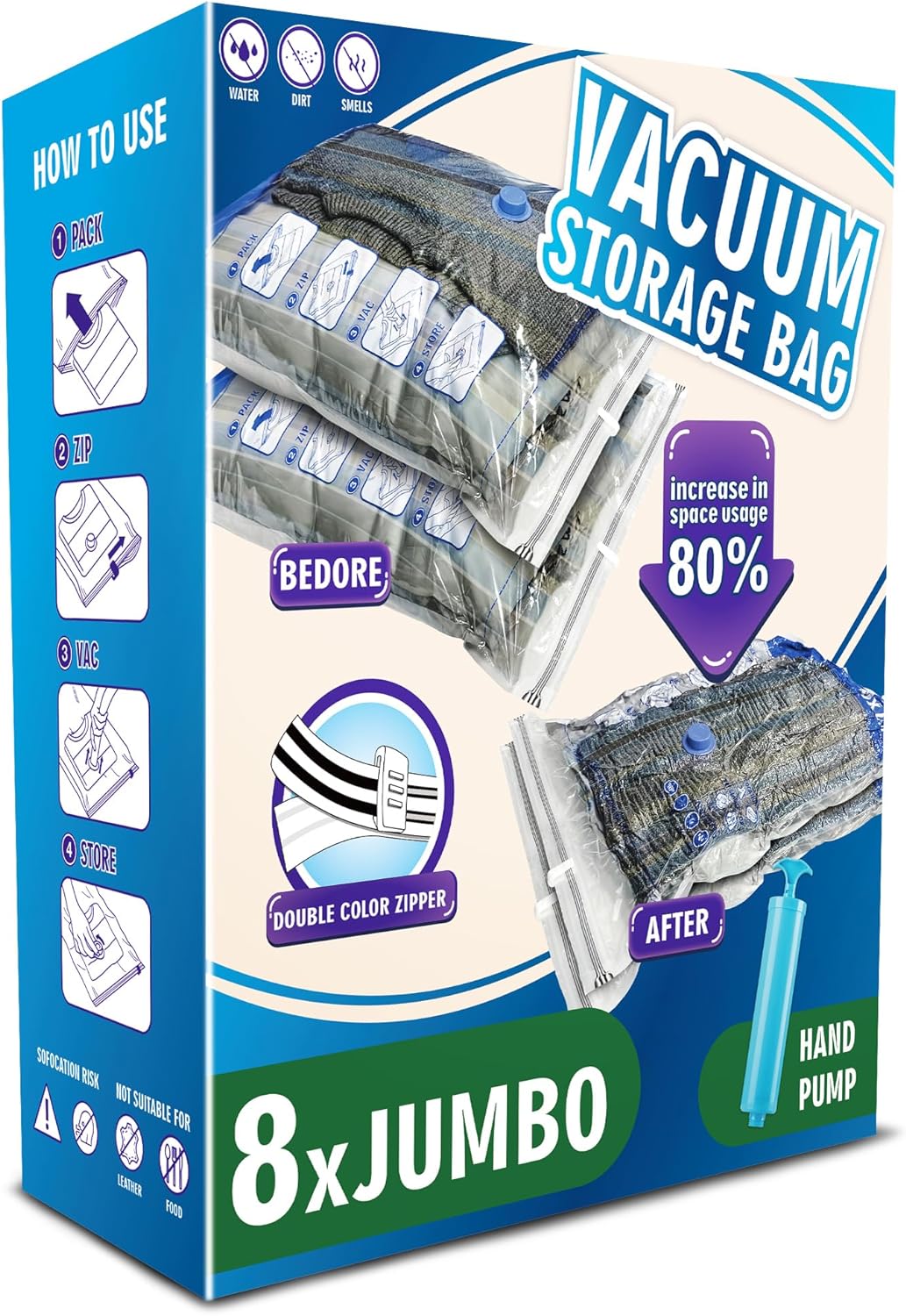 Jumbo Vacuum Storage Bags, 8 Pack Space Saver Bags for Clothes, Comforters, Clothing and Blanket