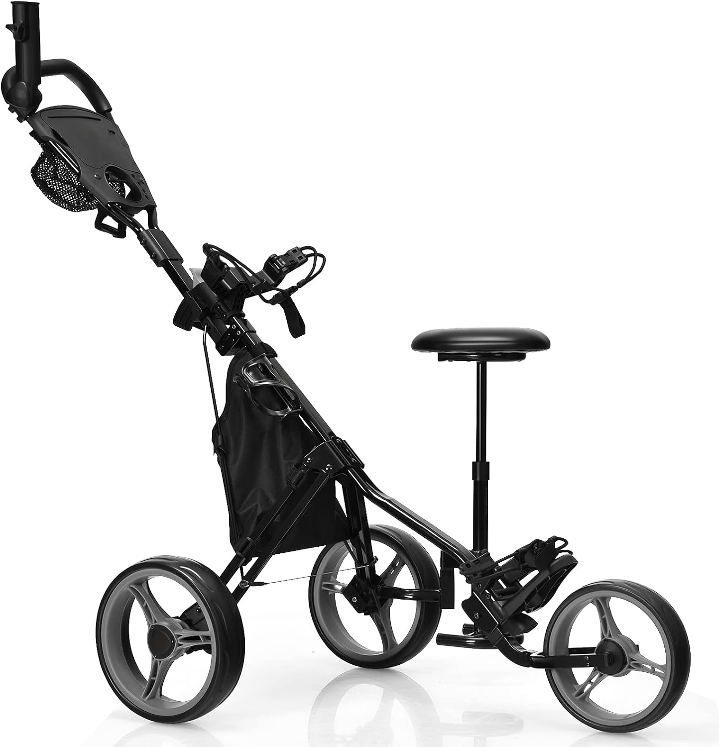 GYMAX Golf Push Cart, Foldable 3-Wheel Height Adjustable Lightweight Golf Caddy Cart with Umbrella Holder, Hydraulic Seat, Storage Bag & Cup Holder, Golf Trolley for Club