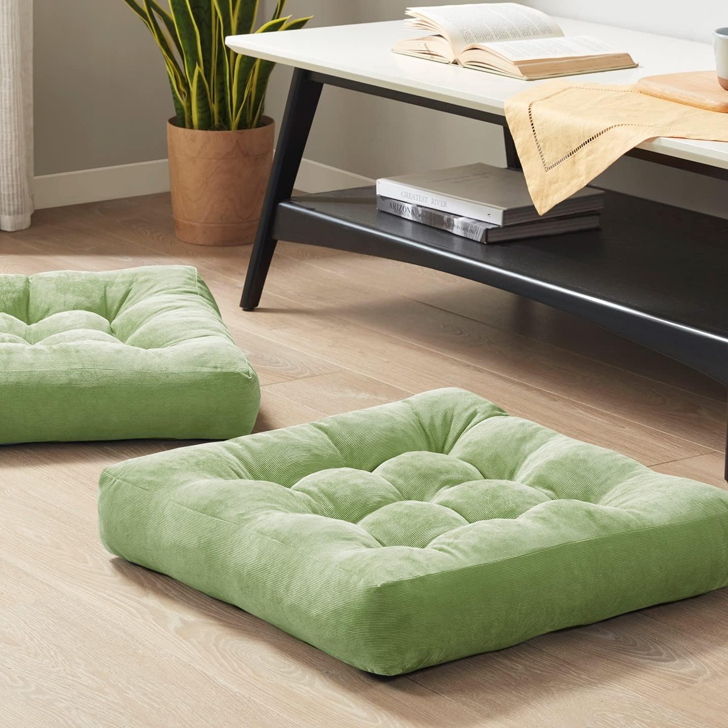 Meditation Floor Pillow Set of 2, Square Large Pillows Seating for Adults, Tufted Corduroy Floor Cushion for Living Room Tatami, Green 22x22 Inch