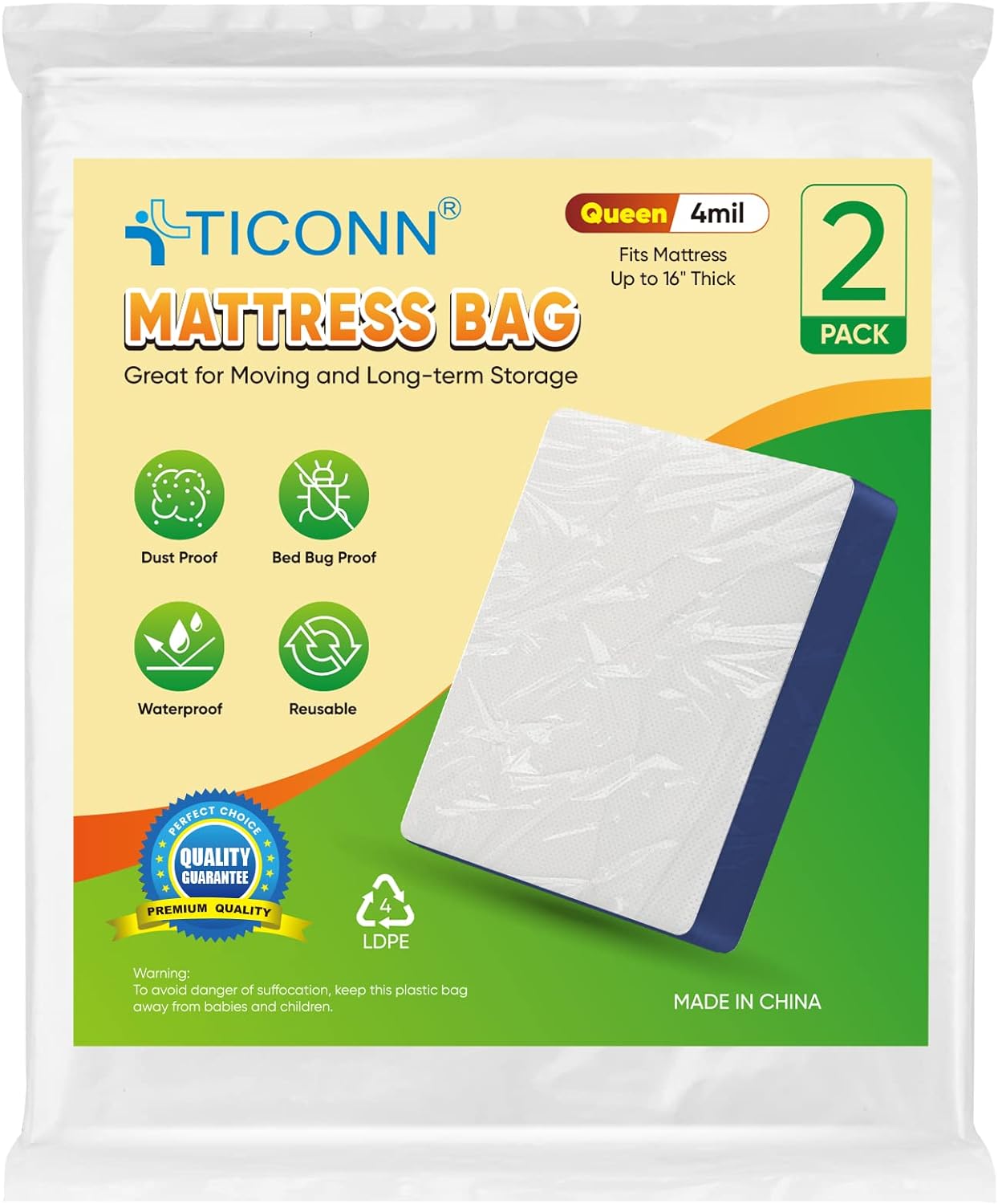 TICONN 2PK Plastic Mattress Bag for Moving Storage, Waterproof Mattress Protector Cover, Heavy-Duty Mattress Moving Supplies (4 mil, Queen)