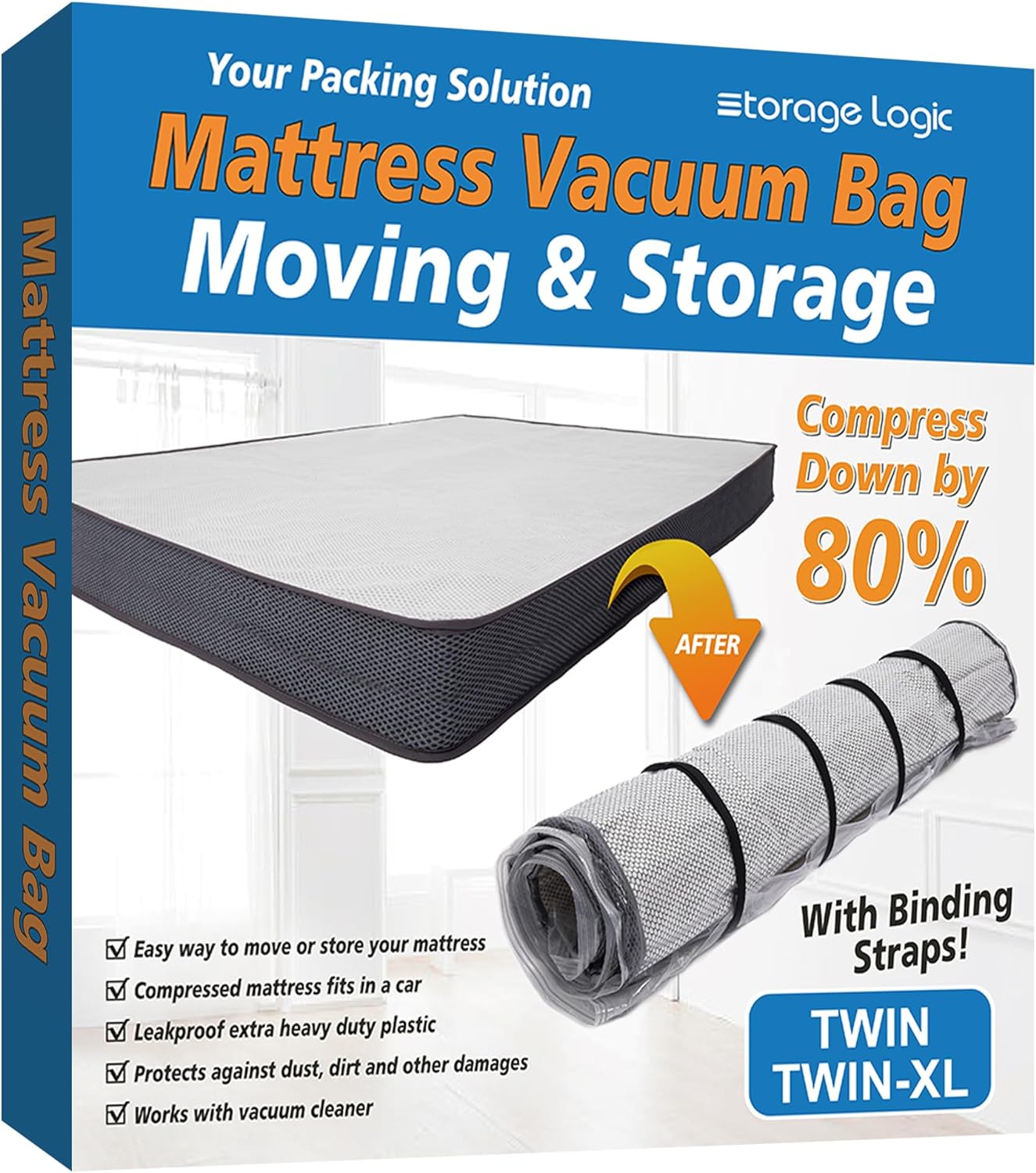 Twin/Twin XL Foam Mattress Vacuum Bag for Moving, Vacuum Seal Storage Bag with Straps