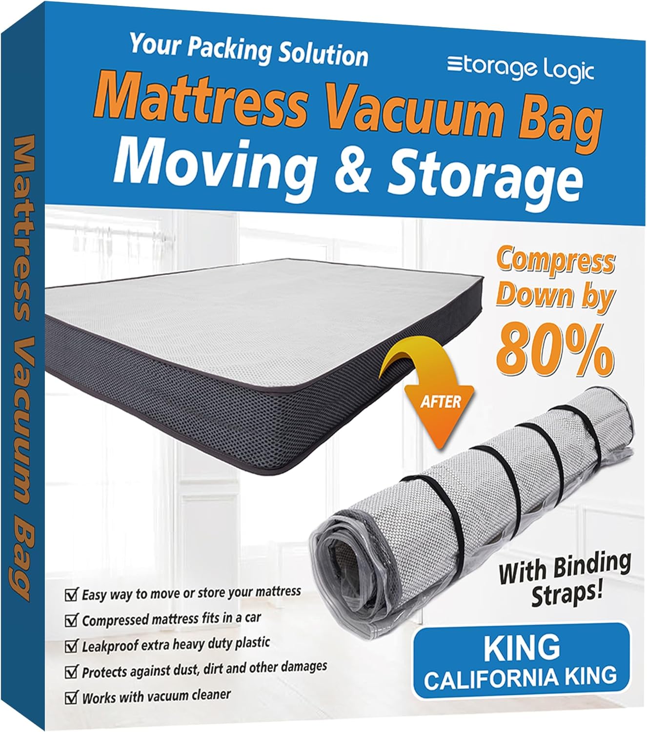 King/Cal-King Foam Mattress Vacuum Bag for Moving, Storage, Vacuum Seal Mattress Bag with Straps