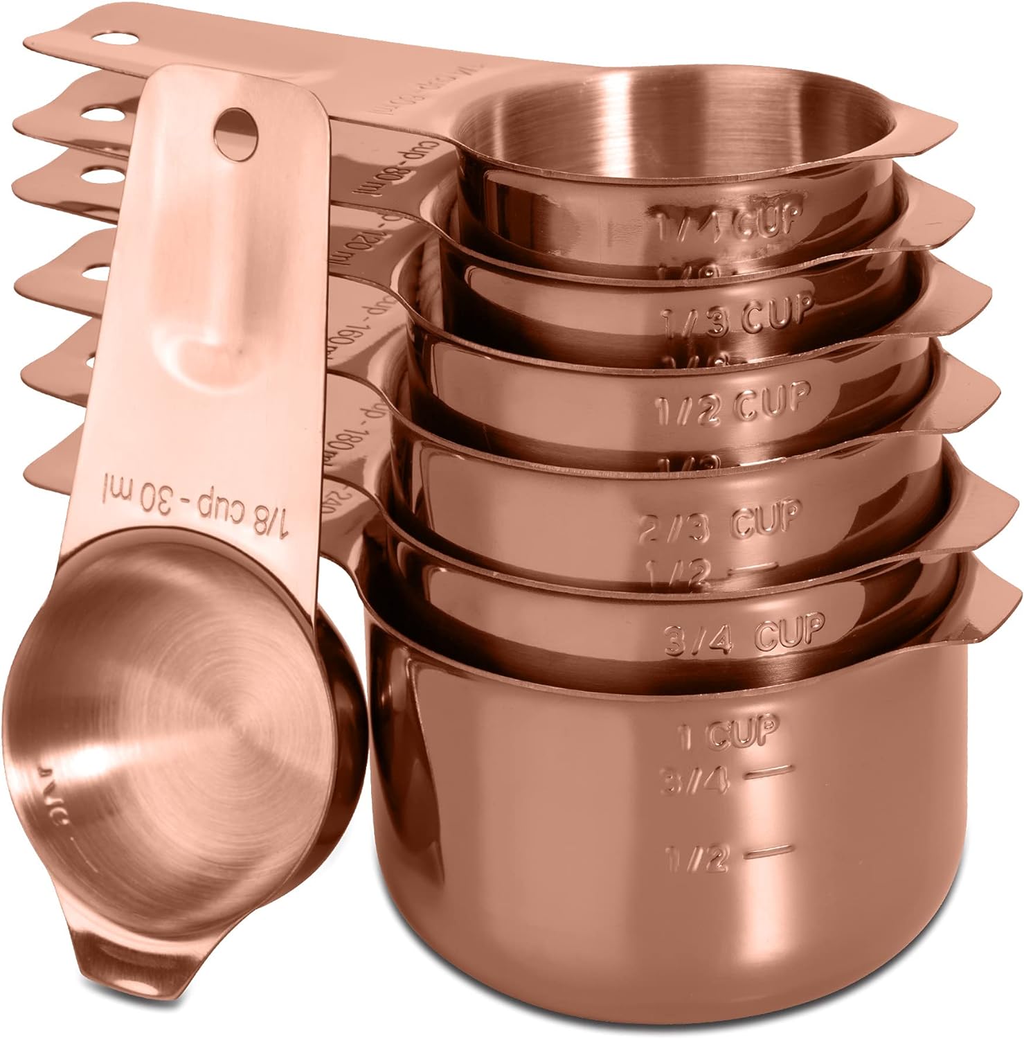 Set of 7 Heavy Duty Measuring Cups, 18/8 Stainless Steel with Ring Connector, Rose Gold