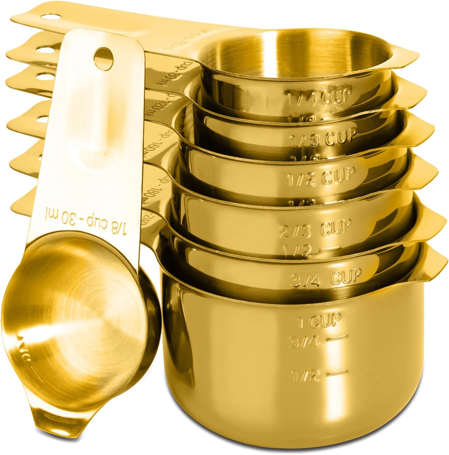 Set of 7 Heavy Duty Measuring Cups, 18/8 Stainless Steel with Ring Connector, Gold