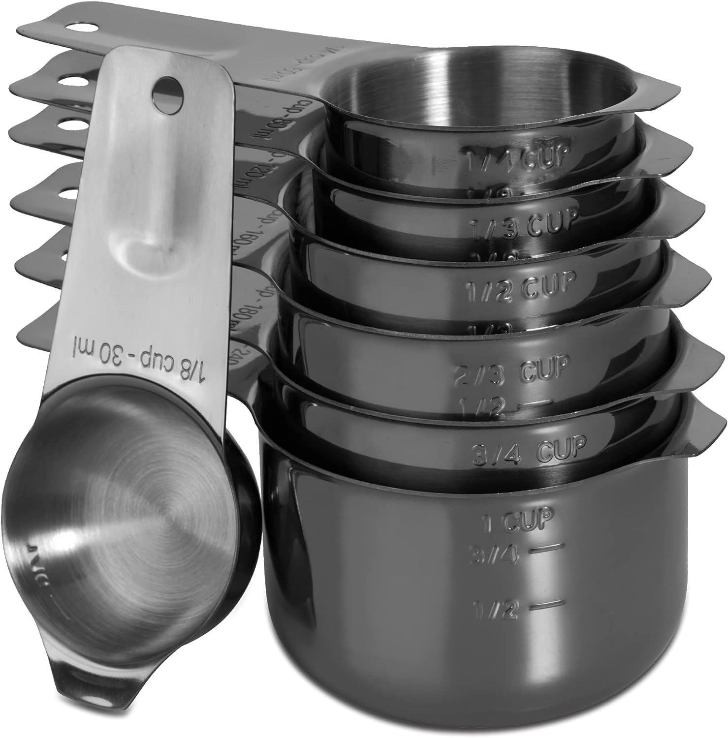 Set of 7 Heavy Duty Measuring Cups, 18/8 Stainless Steel with Ring Connector, Dark Grey