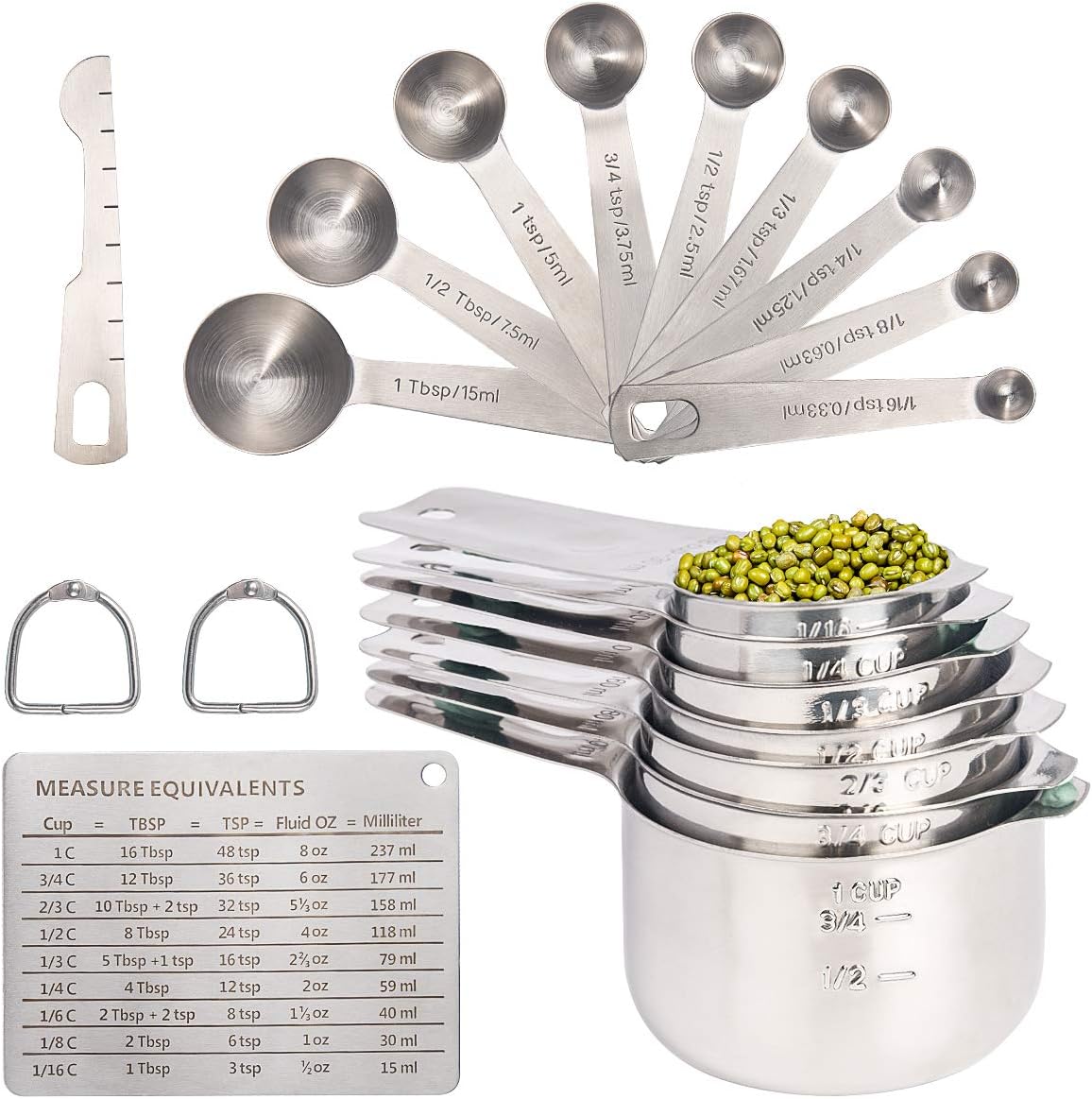 20PCS Measuring Cups and Measuring Spoons Set, Food-Grade Stainless Steel Measure Cup Set for Cooking Baking Measurement, Including 7 Cups, 9 Spoons, Level, Magnetic Chart, Stackable Measuring Set