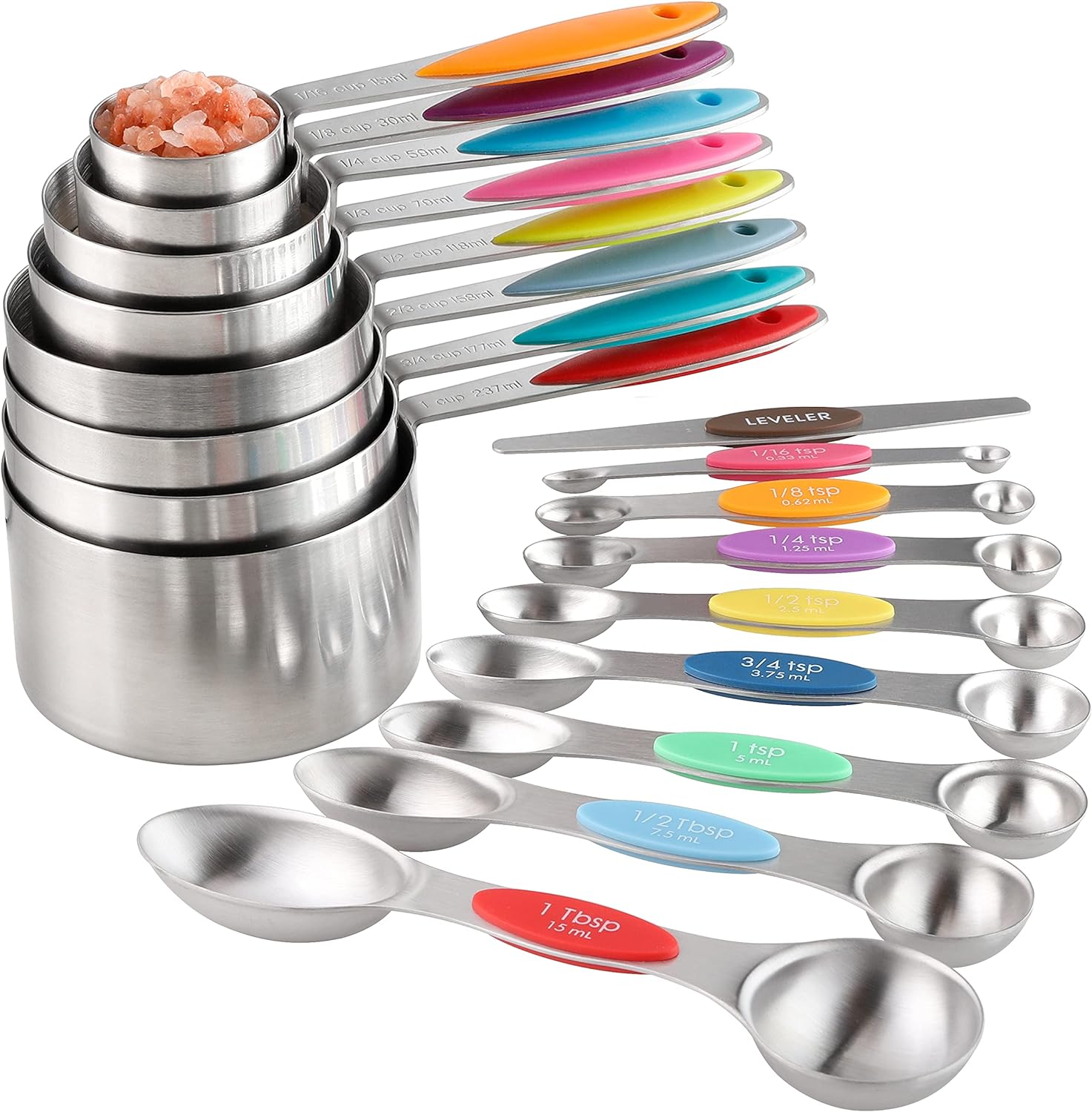 Measuring Cups and Spoons Set Stainless Steel Including 8 Stackable Measuring Cup 8 Double Sided Magnetic Measuring Spoons with 1 Leveler for Dry and Liquid Ingredients