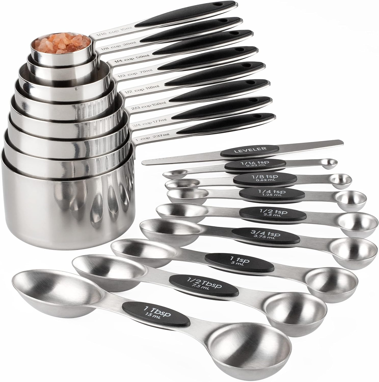 Measuring Cups and Spoons Set Stainless Steel Includes 8 Heavy Duty Measuring Cups 8 Double Sided Magnetic Measuring Spoons and 1 Leveler for Dry and Liquid Ingredients