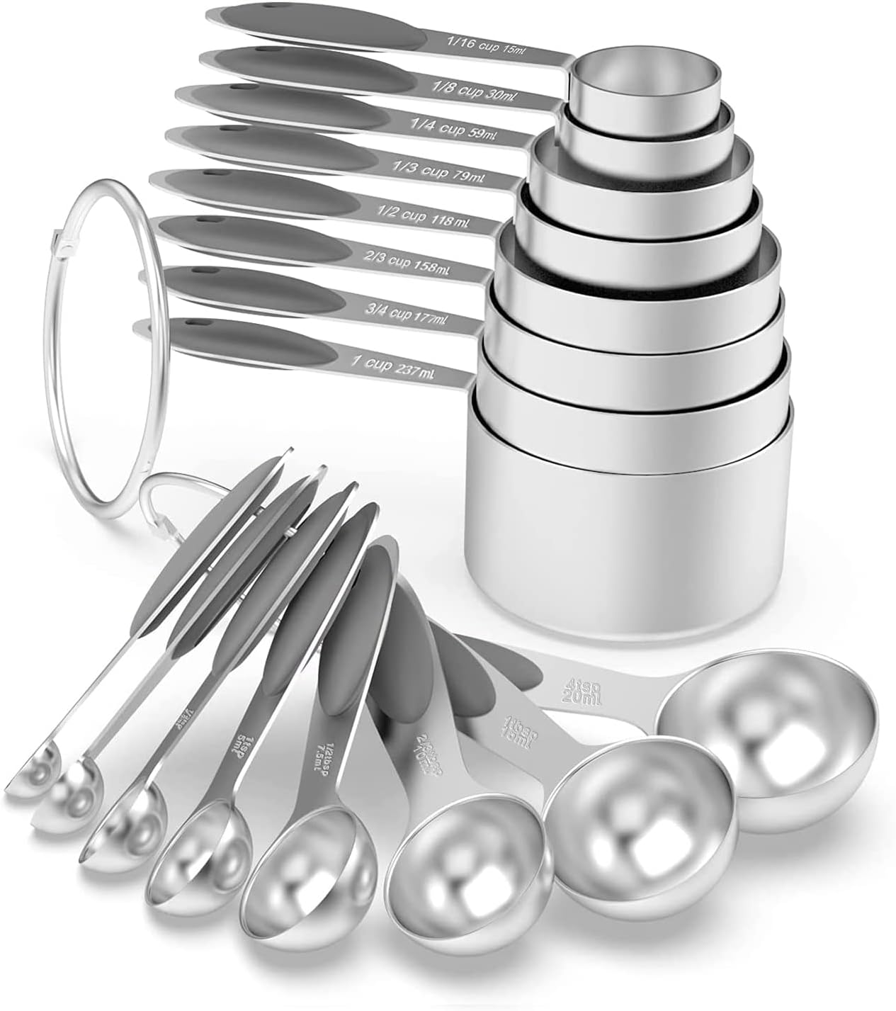 Measuring Cups & Spoons Set of 16, Wildone Stainless Steel Measuring Cups and Measuring Spoons with Gray Silicone Handle, Including 8 Nesting Cups, 8 Spoons, for Dry and Liquid Ingredient